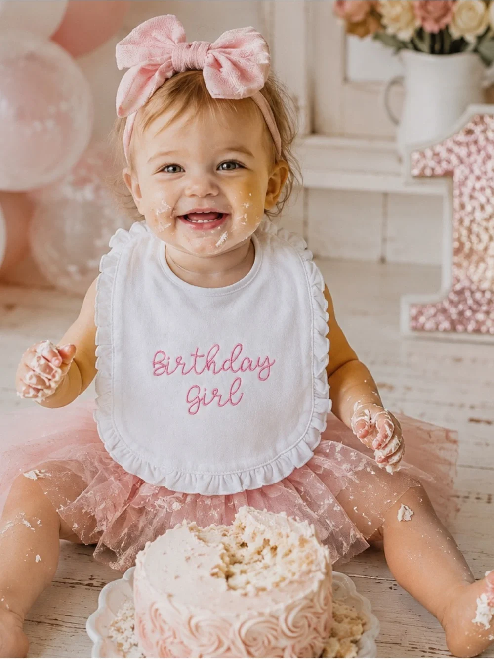 Baby Pink Birthday Girl Bib and Bow Headband Set - Kids Accessories NEW